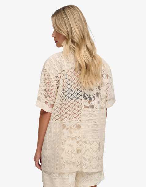 Superdry Lace patchwork beach resort shirt in dusty ecru - view 1