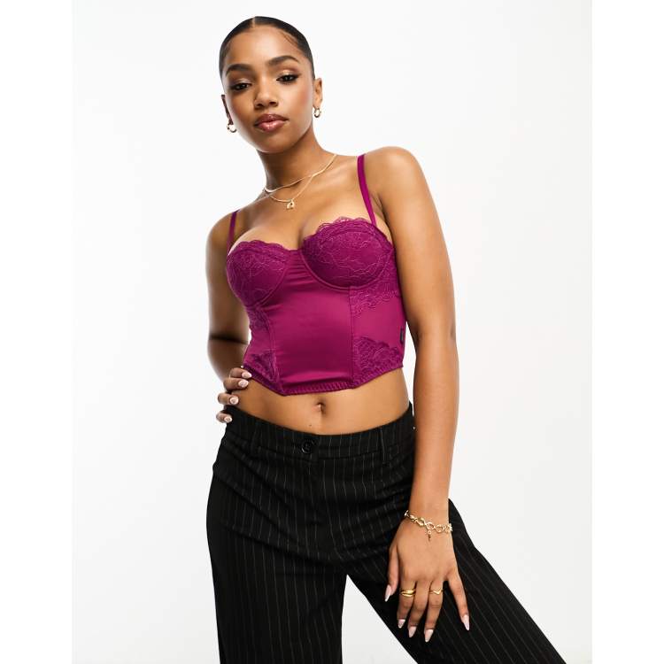 Superdry lace satin midi corset top in Magenta Purple | ASOS