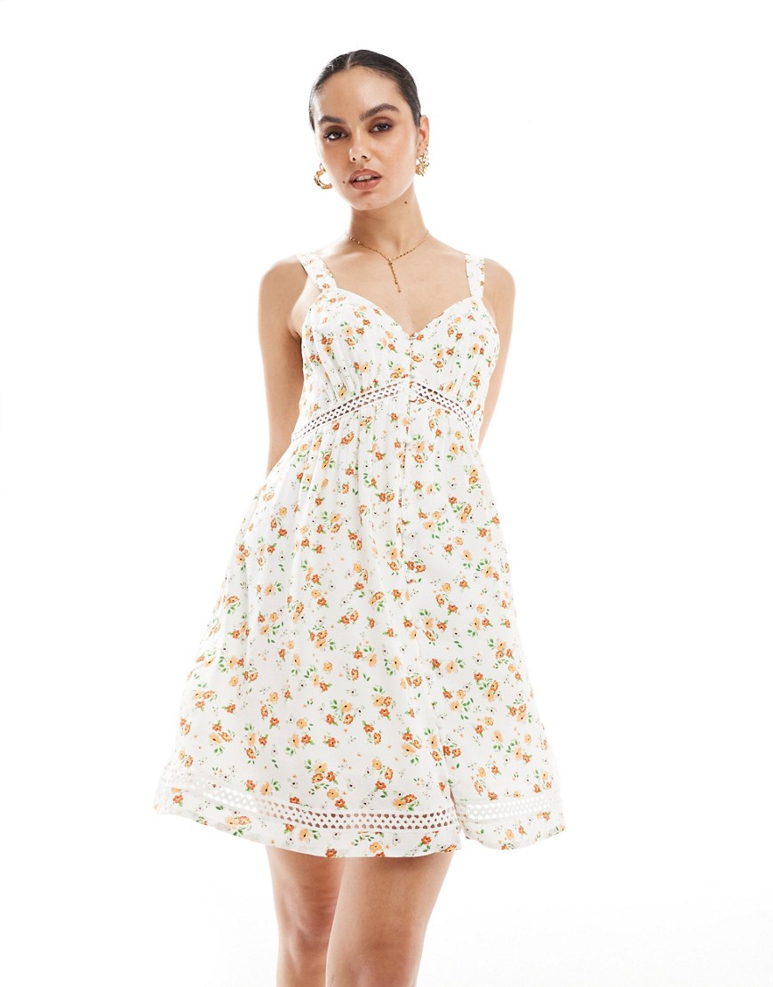 Superdry Lace trim v-neck cami dress in white ditsy floral