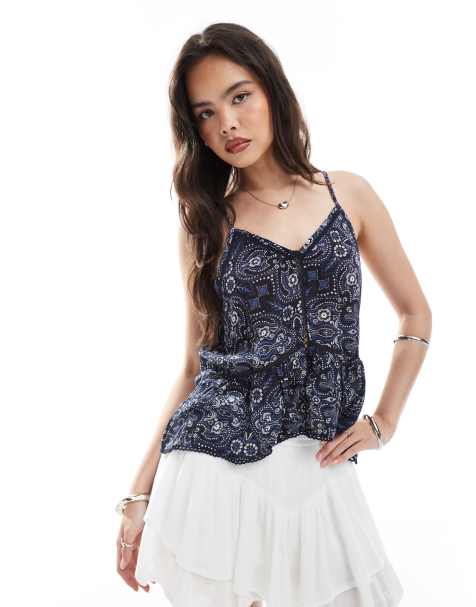 Superdry Ladder trim cami top in paisley bandana navy