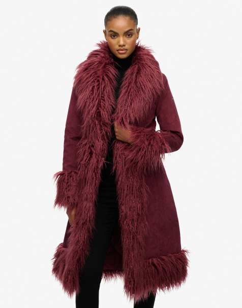 Superdry – Langer Mantel in Berry Jam Purple mit zotteligem Besatz - view 1