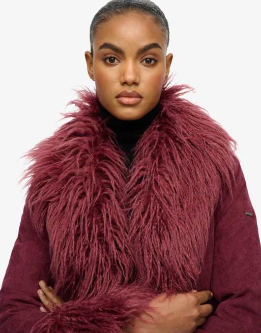 Superdry – Langer Mantel in Berry Jam Purple mit zotteligem Besatz, 2 von 7