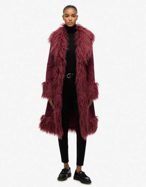 Superdry – Langer Mantel in Berry Jam Purple mit zotteligem Besatz, 3 von 7