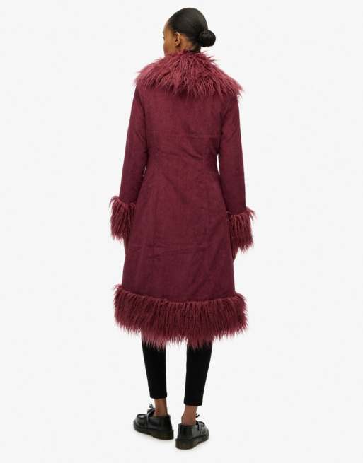 Superdry – Langer Mantel in Berry Jam Purple mit zotteligem Besatz, 6 von 7