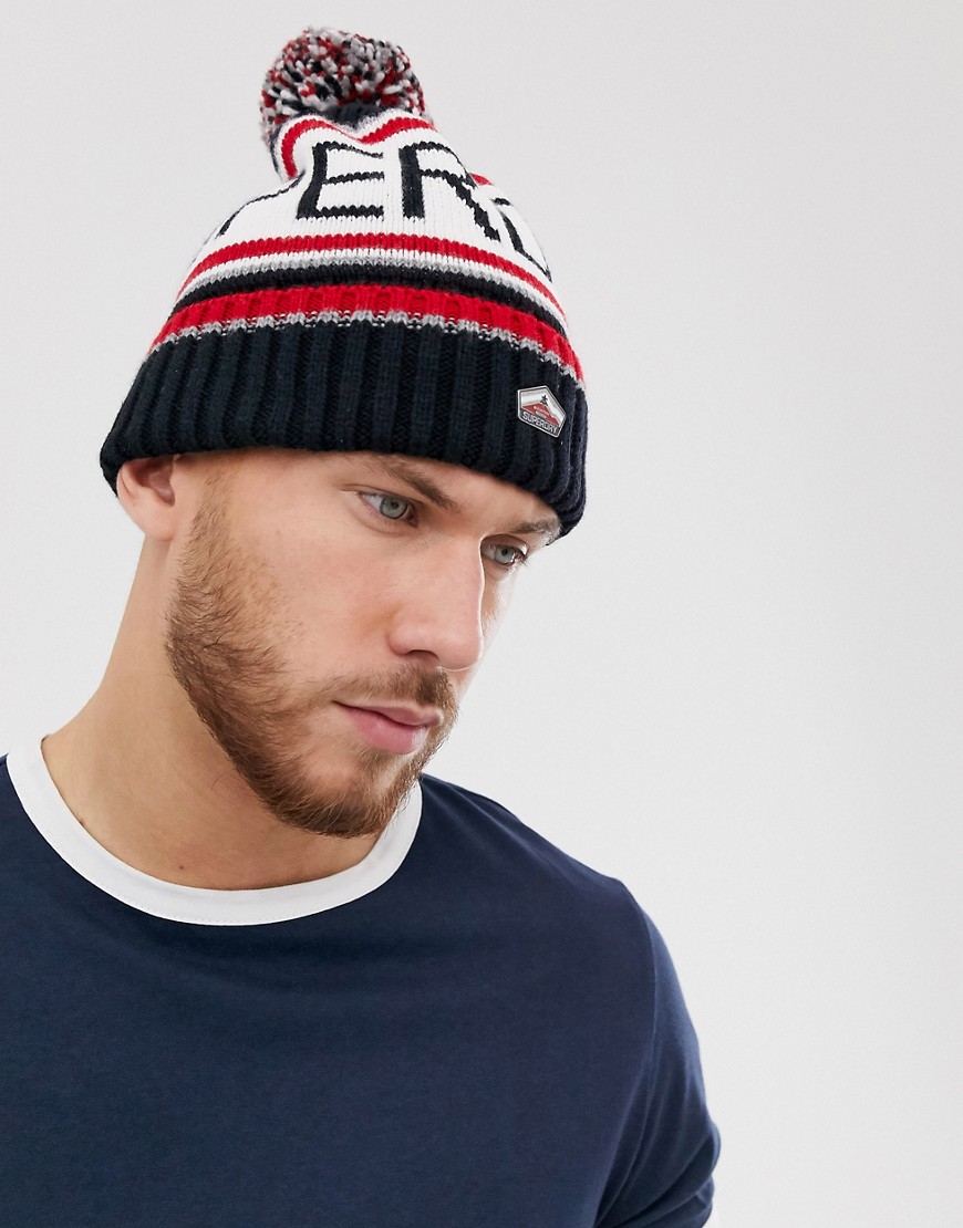 Superdry large logo bobble beanie in navy