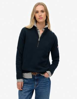 Superdry - Lässig geschnittener Strickpullover in Eclipse Navy mit kurzem Reißverschluss-Marineblau