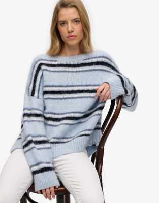 Superdry - Lässiger, angerauter Strickpullover in Rauchblau mit Streifen