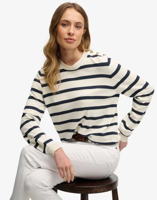 Superdry – Leichter Basic-Pullover in Cremeweiß mit Streifen in sattem Marineblau, 2 von 4