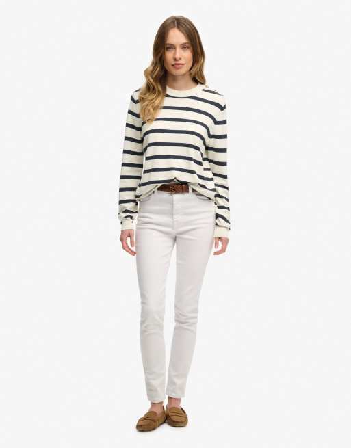 Superdry – Leichter Basic-Pullover in Cremeweiß mit Streifen in sattem Marineblau, 3 von 4