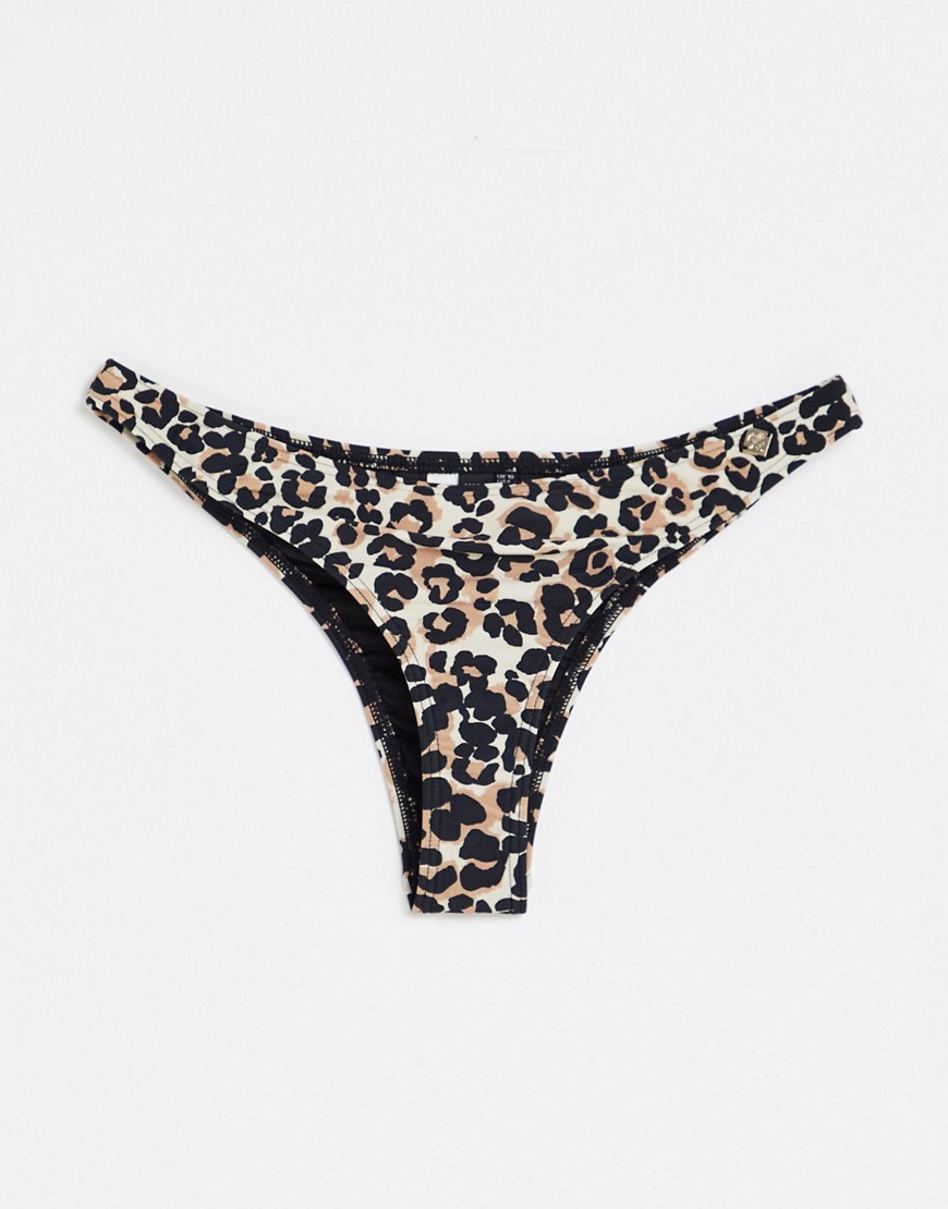 Superdry leopard cheeky bikini bottom in brown print-Multi