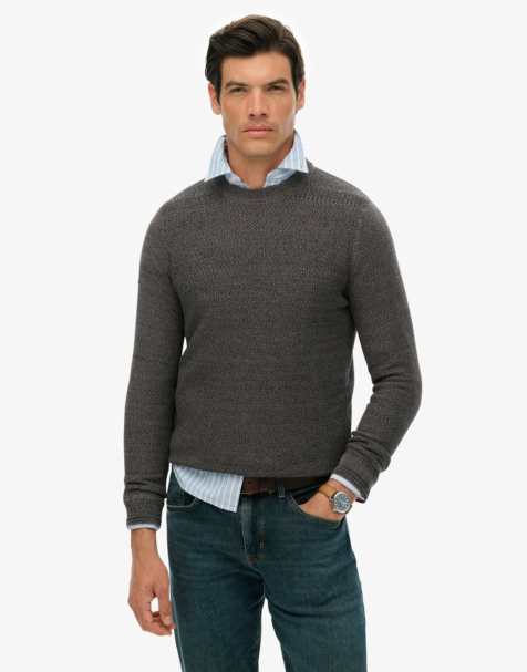 Superdry Light weight cotton texture jumper in black/dark grey