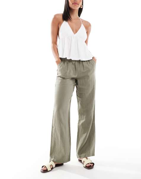Superdry Linen drawstring pants in light khaki green