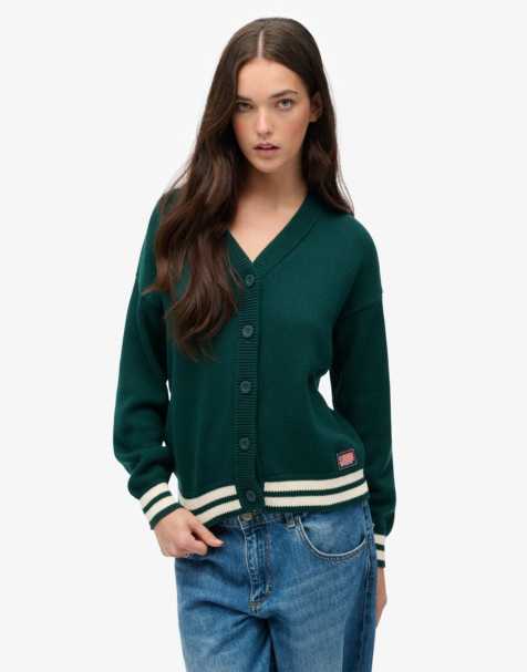 Superdry – Locker geschnittene Strickjacke in dunklem Tannengrün - view 1