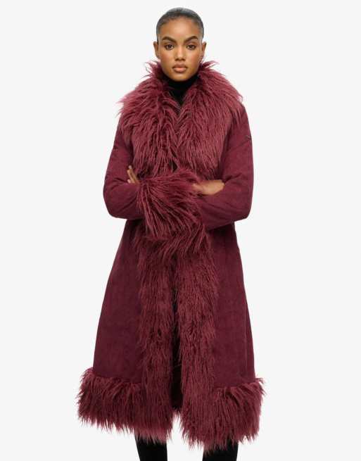 Superdry Long afghan coat in berry jam purple, 5 of 7