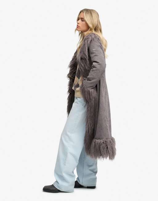 Superdry Long afghan coat in cosmic blue, 3 of 6