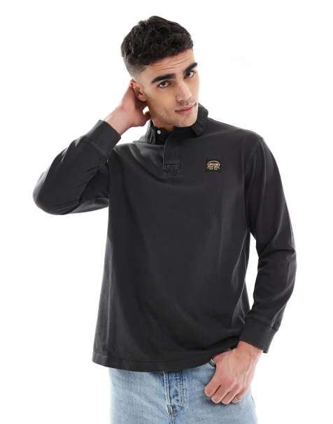 Superdry Long sleeved contrast stitch rugby shirt in washed black