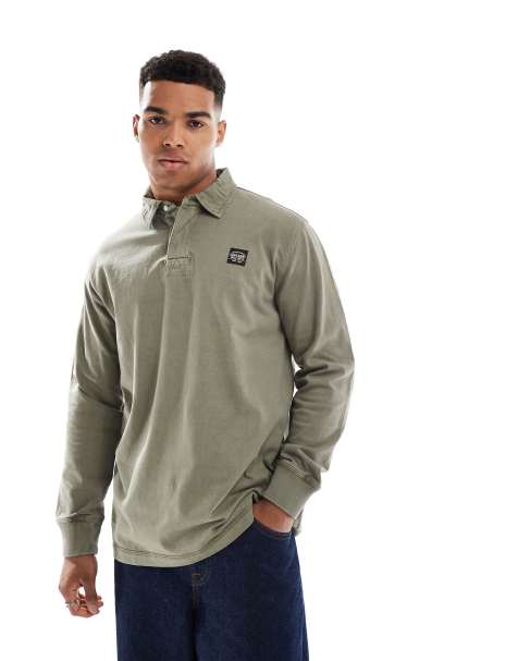 Superdry Long sleeved contrast stitch rugby shirt in washed grey