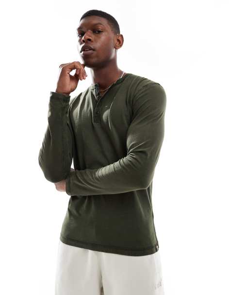 Superdry Long sleeved jersey grandad top in surplus goods olive green - view 1