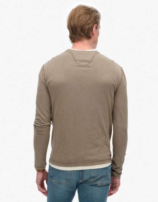 Superdry Long sleeved jersey grandad top in walnut brown, 3 of 6