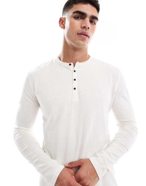 Superdry Long sleeved jersey grandad top in white sand - view 1
