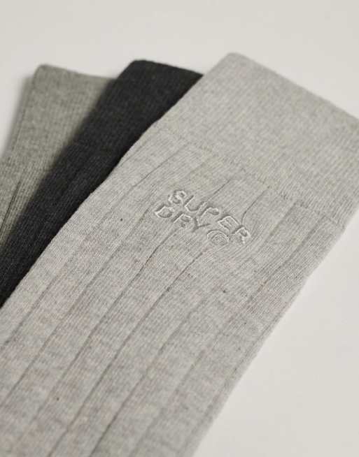Superdry - Lot de 3 paires de chaussettes unisexes en coton côtelé - Gris anthracite chiné