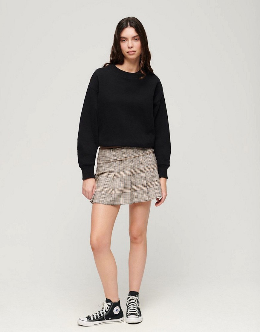 Superdry Low rise pleated mini skirt in neutral tweed
