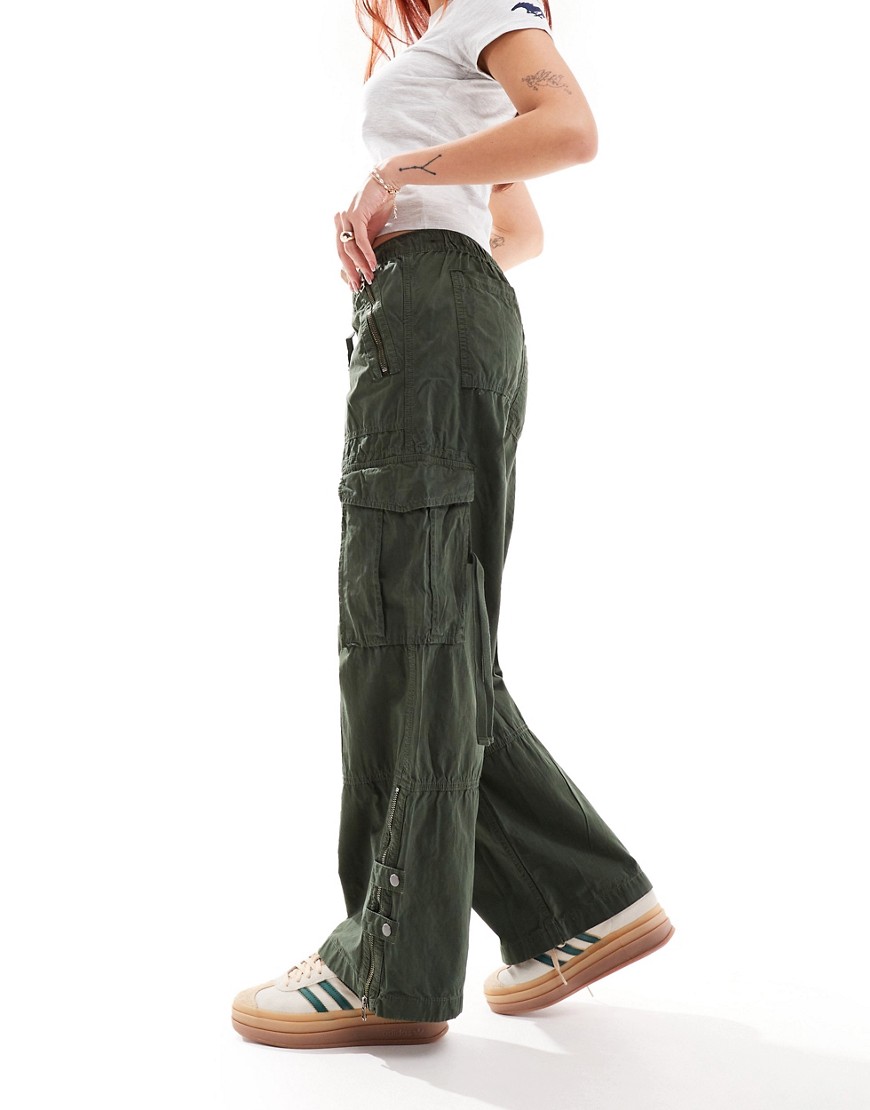 Superdry Low rise wide leg cargo pants in surplus goods olive green