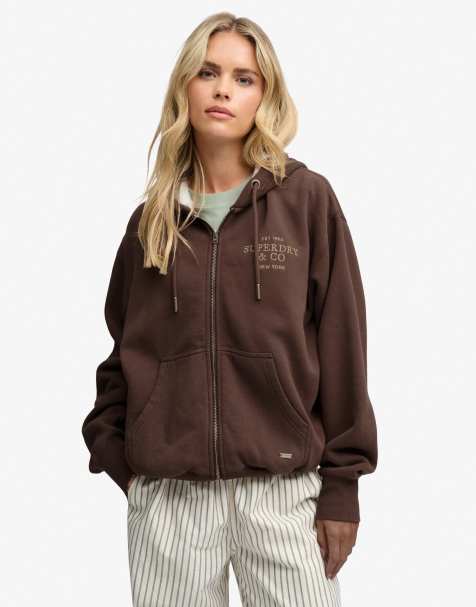 Superdry Luxe faux fur lined zip hoodie in chestnut brown - view 1