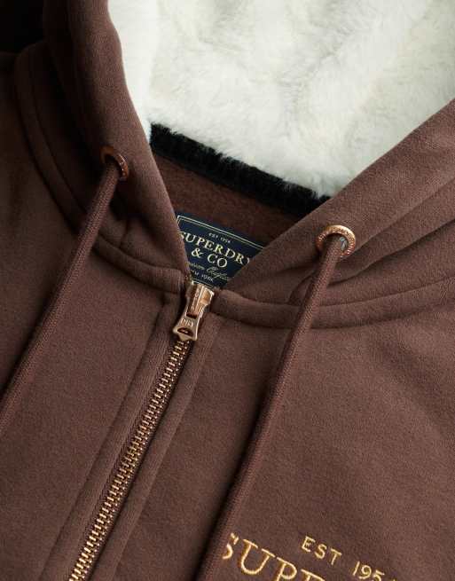 Superdry Luxe faux fur lined zip hoodie in chestnut brown, 5 of 6