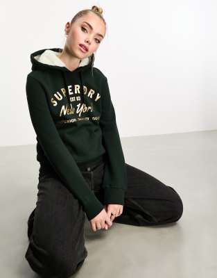 Superdry luxe metallic logo hoodie in Academy Dark Green