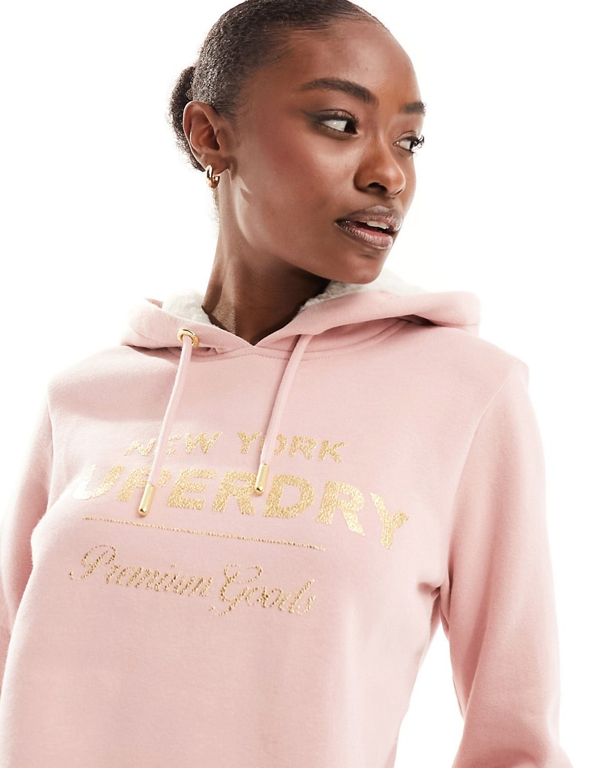 Superdry luxe metallic logo hoodie in Vintage Blush Pink