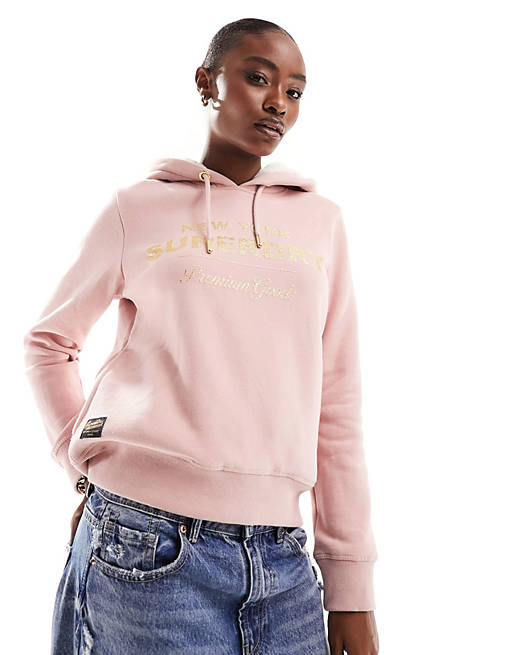Superdry luxe metallic logo hoodie in Vintage Blush Pink | ASOS