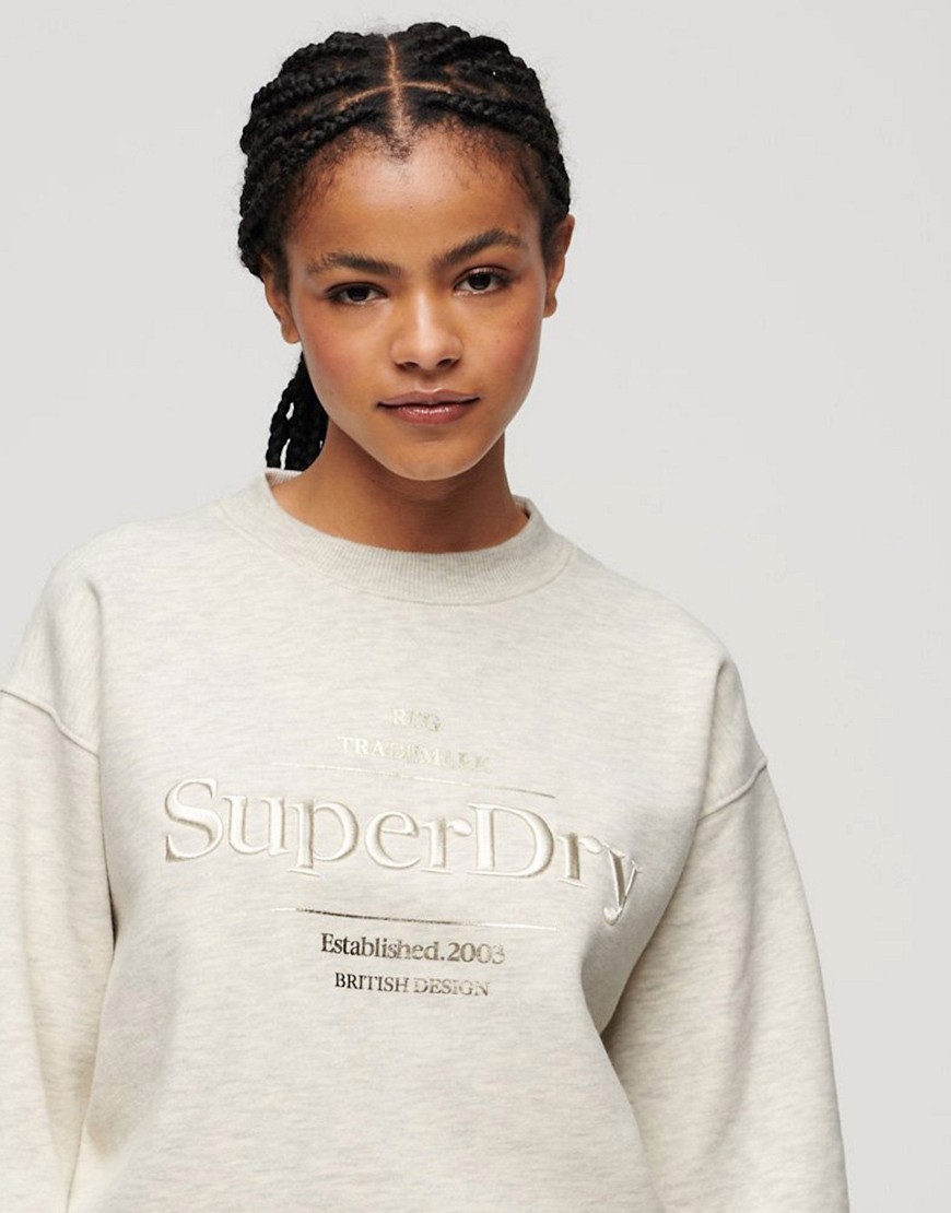 Superdry Luxe metallic logo sweatshirt in oatmeal marl-Neutral