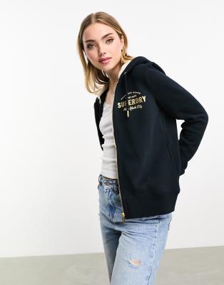 Superdry luxe metallic logo zip hoodie in Eclipse Navy - ASOS Price Checker