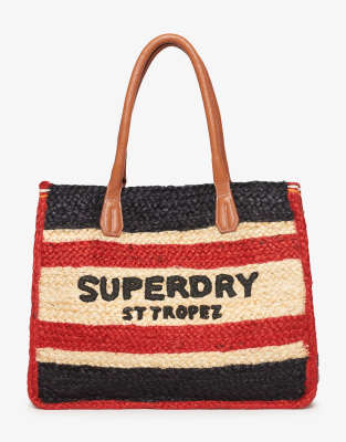 Superdry - Luxuriöse Bast-Tragetasche mit mehrfarbigem Design-Marineblau