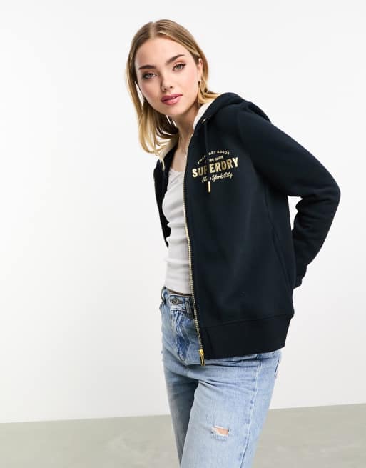 Superdry – Luxuriöse Kapuzenjacke in Finsternis-Marineblau mit Metallic-Logo