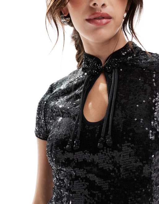 Superdry Mandarin sequin mini dress in black sequin | ASOS