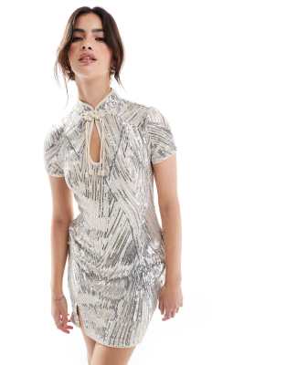 Superdry Mandarin sequin mini dress in silver deco sequin