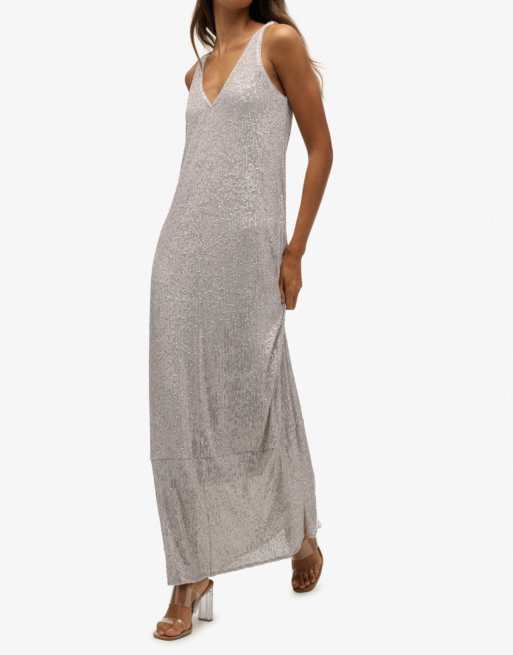 Superdry Maxi sequin v neck dress in silver sequin