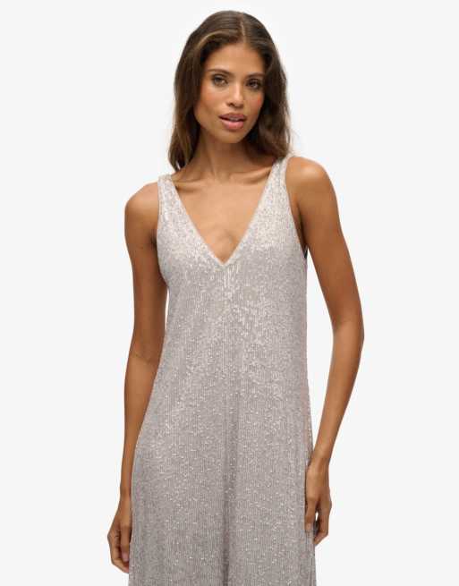 superdry silver dress womens Sequin Shift Mini Dress in SILVER SEQUIN