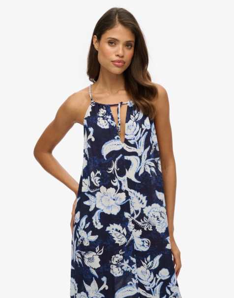 Superdry – Maxi-Strandkleid in Blau mit Riemchenträgern und Chrissy-Print - view 1