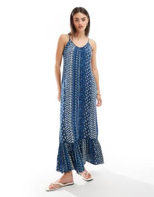 Superdry - Maxi-Strandkleid in Shirbori-Blau mit Riemchenträgern