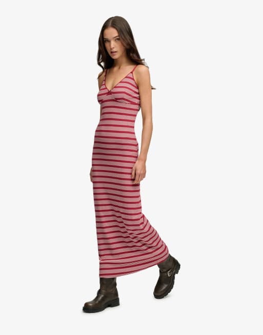 Superdry – Maxikleid aus geripptem Jersey in Bordeauxrot mit Streifen, 4 von 6