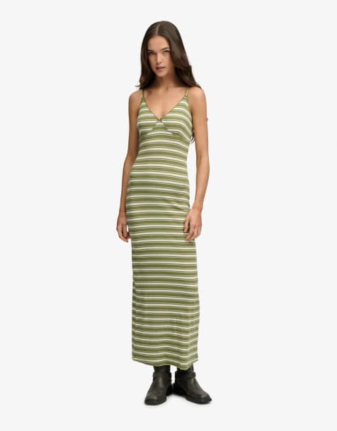 Superdry – Maxikleid aus geripptem Jersey in Trekking-Olivgrün gestreift - view 1
