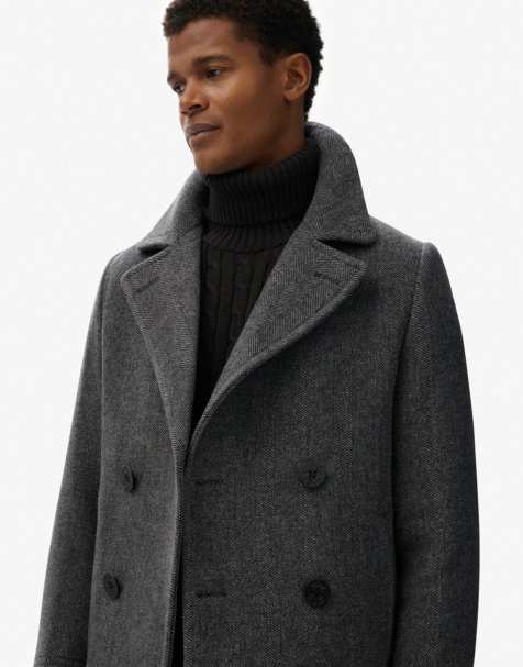 Superdry Merchant wool pea coat in charcoal herringbone - view 1