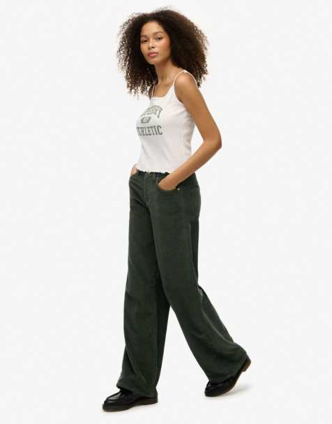 Superdry Mid rise baggy jumbo cord pants in deep forest green - view 1