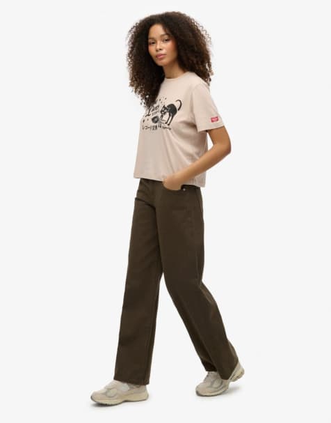 Superdry Mid rise baggy pants in deep khaki green - view 1