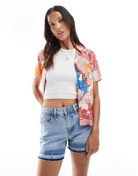 Superdry Mid rise cut off shorts in azure pale blue - view 1