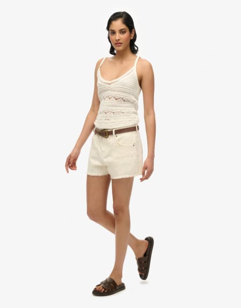 Superdry Mid rise denim hot shorts in desert bone off white - view 1