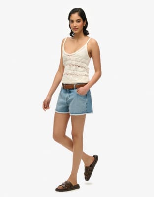 Superdry Mid rise denim hot shorts in ice pool pale blue